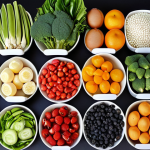 A colorful and diverse selection of fruits and vegetables, arranged to showcase the different vitamins and minerals they provide. The image should emphasize fresh, whole foods. Consider a market stall or a kitchen table setting.