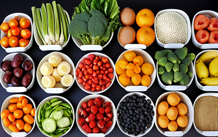 A colorful and diverse selection of fruits and vegetables, arranged to showcase the different vitamins and minerals they provide. The image should emphasize fresh, whole foods. Consider a market stall or a kitchen table setting.