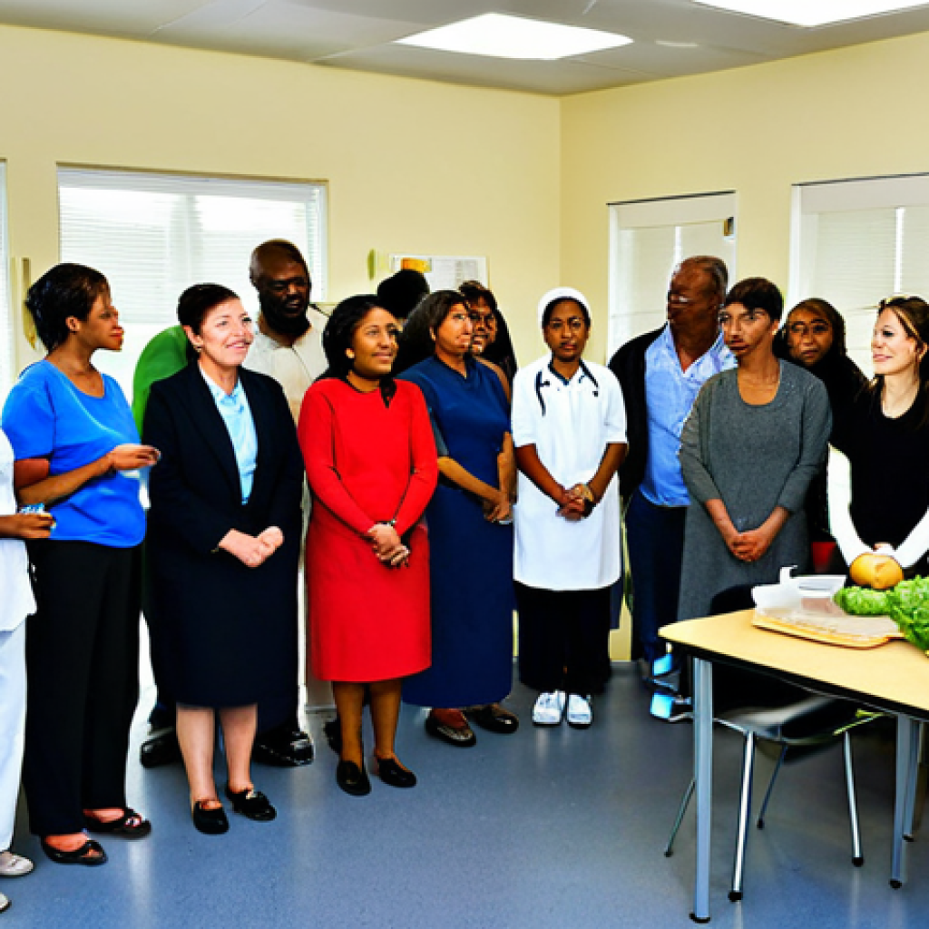**

"A diverse group of fully clothed people are gathered at a community health center, participating in a nutrition workshop, learning about healthy food choices from a nutritionist, safe for work, appropriate content, modest attire, professional setting, perfect anatomy, natural proportions, family-friendly, educational, well-lit, vibrant colors, promoting healthy lifestyles."

**
