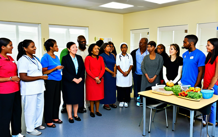**

"A diverse group of fully clothed people are gathered at a community health center, participating in a nutrition workshop, learning about healthy food choices from a nutritionist, safe for work, appropriate content, modest attire, professional setting, perfect anatomy, natural proportions, family-friendly, educational, well-lit, vibrant colors, promoting healthy lifestyles."

**