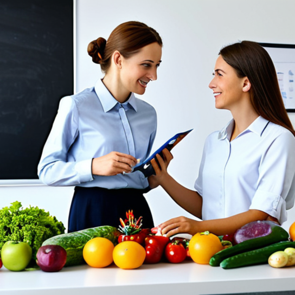 **

A professional nutritionist giving advice to a young woman about healthy food choices. The nutritionist is wearing a modest blouse and skirt, fully clothed. They are surrounded by colourful fruits and vegetables, representing a balanced diet. Background shows a bright and clean office setting. Safe for work, appropriate content, perfect anatomy, natural proportions, high quality, professional, family-friendly.

**