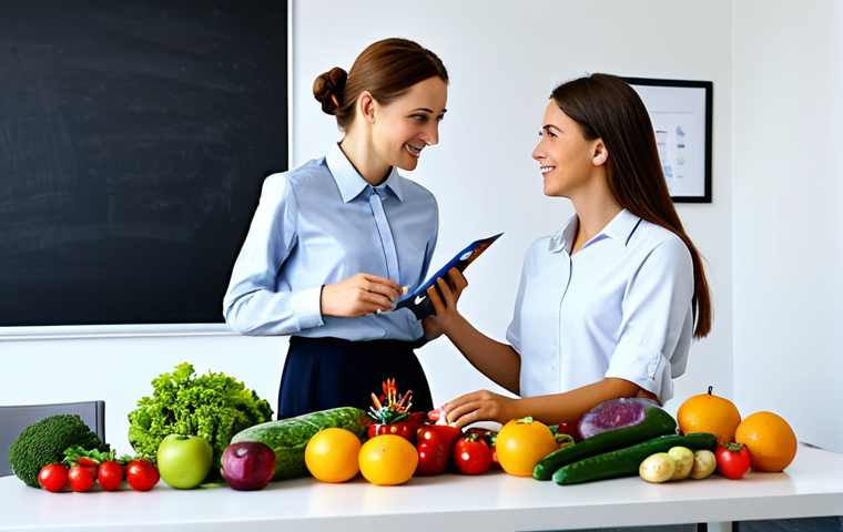**

A professional nutritionist giving advice to a young woman about healthy food choices. The nutritionist is wearing a modest blouse and skirt, fully clothed. They are surrounded by colourful fruits and vegetables, representing a balanced diet. Background shows a bright and clean office setting. Safe for work, appropriate content, perfect anatomy, natural proportions, high quality, professional, family-friendly.

**