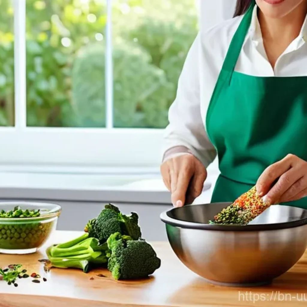 고혈압 환자를 위한 맞춤형 식단 제안 - **Prompt 1:** "A close-up of a vibrant, healthy meal being prepared in a sunlit kitchen. A female ad...