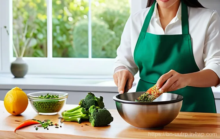 고혈압 환자를 위한 맞춤형 식단 제안 - **Prompt 1:** "A close-up of a vibrant, healthy meal being prepared in a sunlit kitchen. A female ad...
