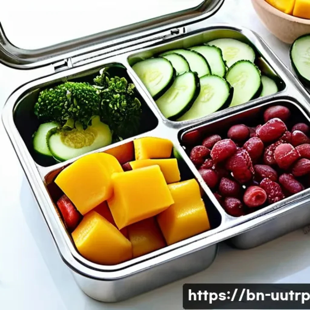 맞춤형 영양 요구를 반영한 도시락 만들기 - **A balanced and vibrant adult's tiffin box:** A beautifully arranged, visually appealing healthy ti...
