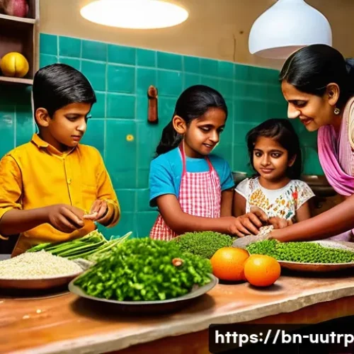 Home 30 소아 비만을 위한 맞춤형 식단 구성 - A vibrant and heartwarming scene of a Bengali family preparing a nutritious meal together in a tradi...