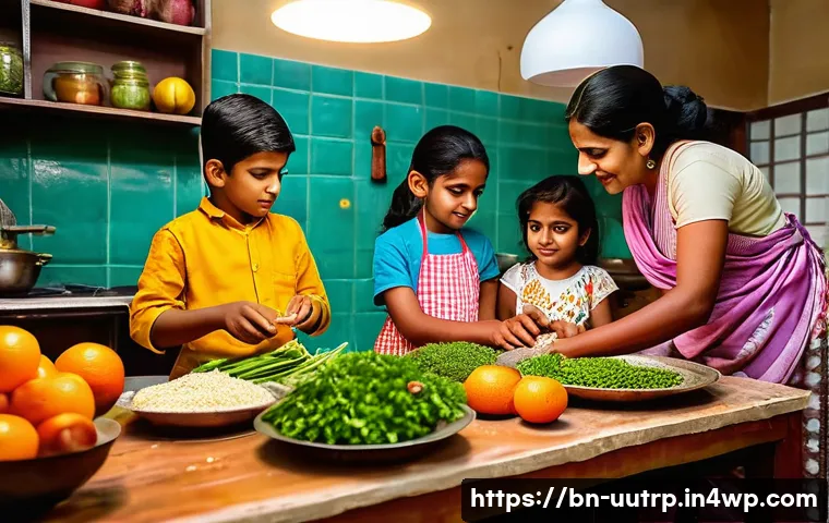 소아 비만을 위한 맞춤형 식단 구성 - A vibrant and heartwarming scene of a Bengali family preparing a nutritious meal together in a tradi...