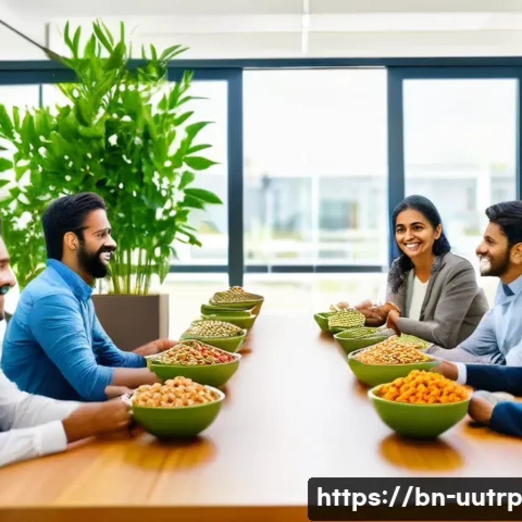 직장에서의 맞춤형 영양 관리 전략 - A vibrant office break room scene showing a diverse group of Bengali professionals enjoying healthy ...