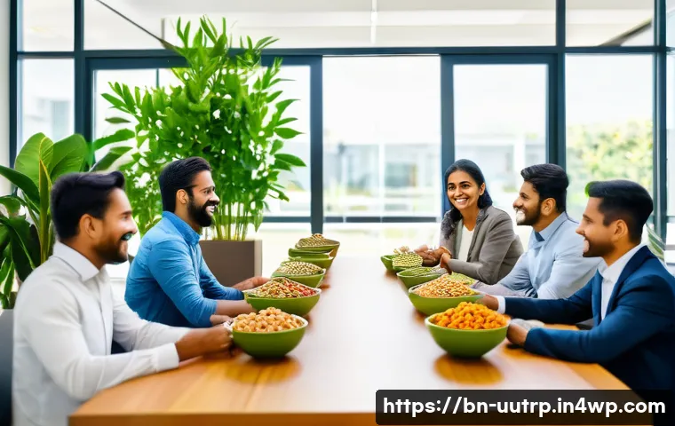 직장에서의 맞춤형 영양 관리 전략 - A vibrant office break room scene showing a diverse group of Bengali professionals enjoying healthy ...