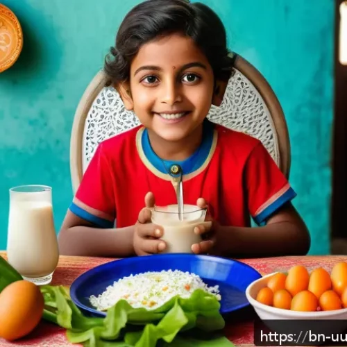 Home 31 각 연령대별 맞춤형 영양 요구 분석 - A vibrant and detailed illustration of a Bengali child and adolescent sitting at a colorful dining t...