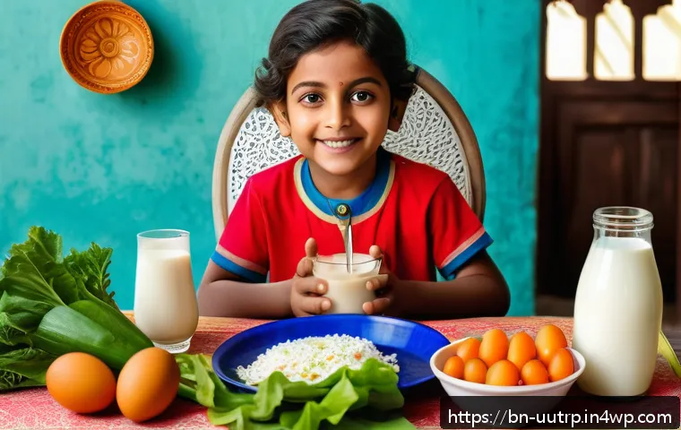 각 연령대별 맞춤형 영양 요구 분석 - A vibrant and detailed illustration of a Bengali child and adolescent sitting at a colorful dining t...