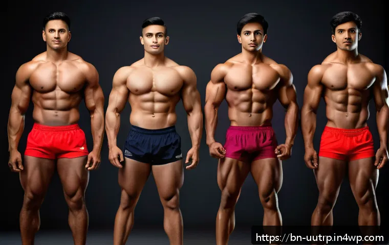 신체 유형에 따른 맞춤형 영양 조절 전략 - A detailed illustration of three distinct male body types representing ectomorph, mesomorph, and end...