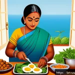 Home 23 정신 건강을 위한 맞춤형 영양소 조합 - A vibrant and detailed illustration of a Bengali woman preparing a traditional healthy meal rich in ...