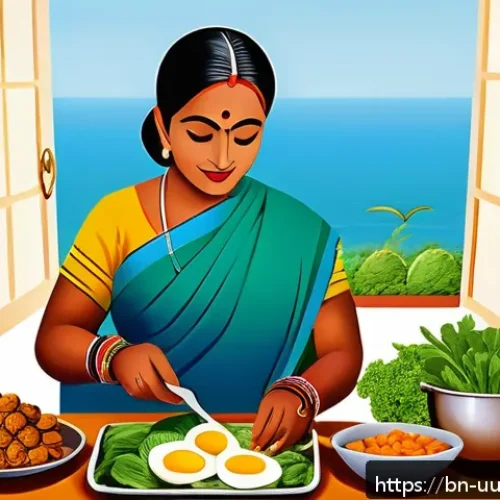 Home 17 정신 건강을 위한 맞춤형 영양소 조합 - A vibrant and detailed illustration of a Bengali woman preparing a traditional healthy meal rich in ...