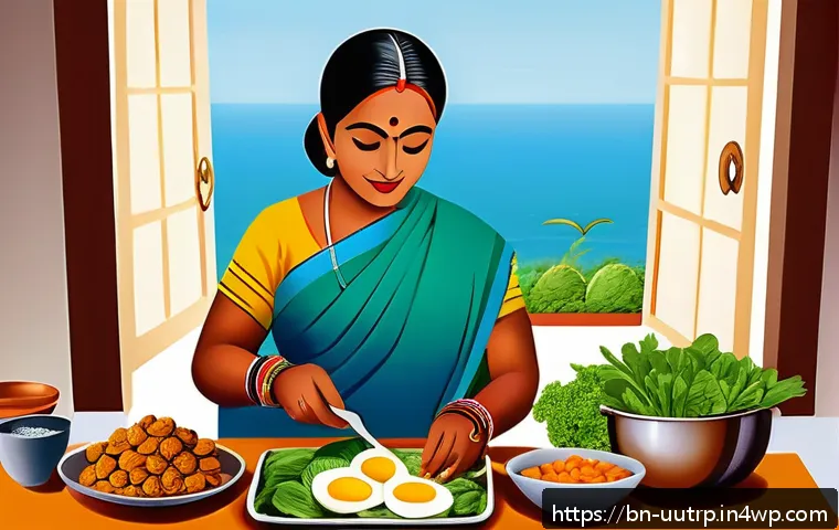 정신 건강을 위한 맞춤형 영양소 조합 - A vibrant and detailed illustration of a Bengali woman preparing a traditional healthy meal rich in ...