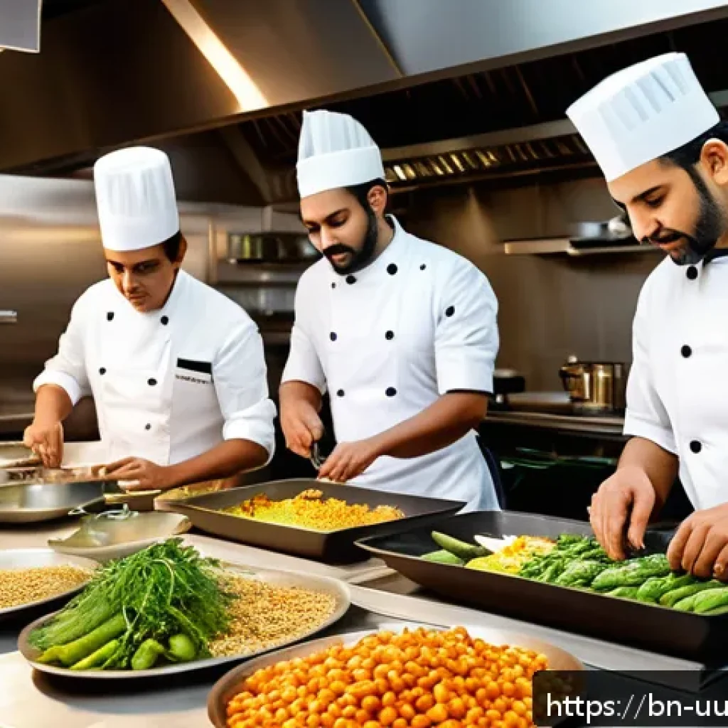맞춤형 영양 요구를 반영한 식당 운영 방안 - A vibrant restaurant kitchen scene featuring a diverse team of chefs preparing healthy dishes using ...