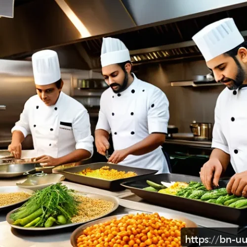 Home 17 맞춤형 영양 요구를 반영한 식당 운영 방안 - A vibrant restaurant kitchen scene featuring a diverse team of chefs preparing healthy dishes using ...