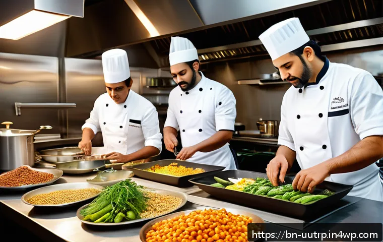 맞춤형 영양 요구를 반영한 식당 운영 방안 - A vibrant restaurant kitchen scene featuring a diverse team of chefs preparing healthy dishes using ...